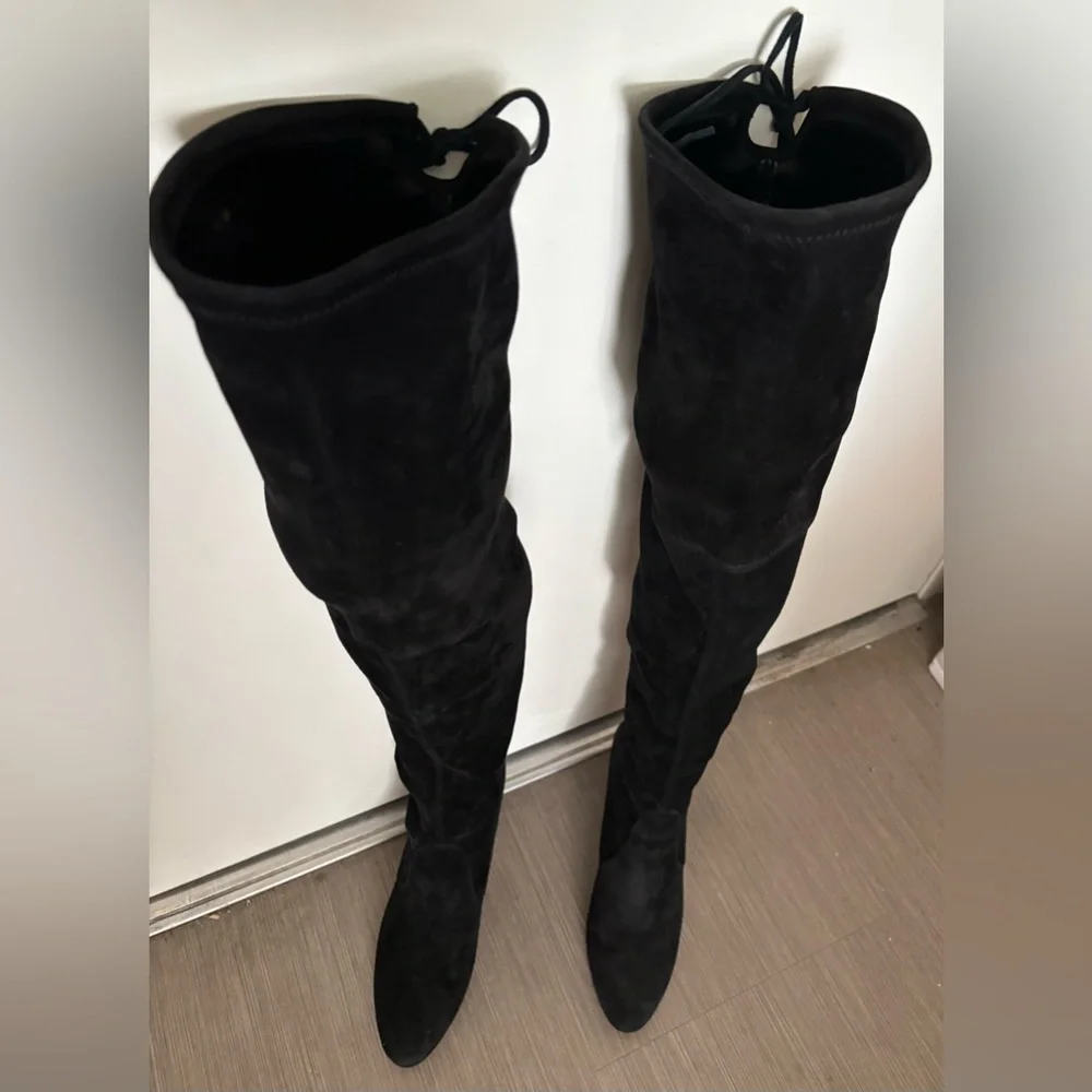 Stuart Weitzman Highland Boots Platform Heeled Over Knee in Black Suede Size 8